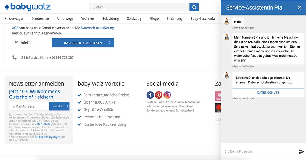 Screenshot von Baby-Walz-Webseite, der das Chat-Widget zeigt
