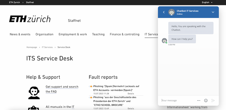 Screenshot of Userlike's Logic Bot on ETH Zürich's website