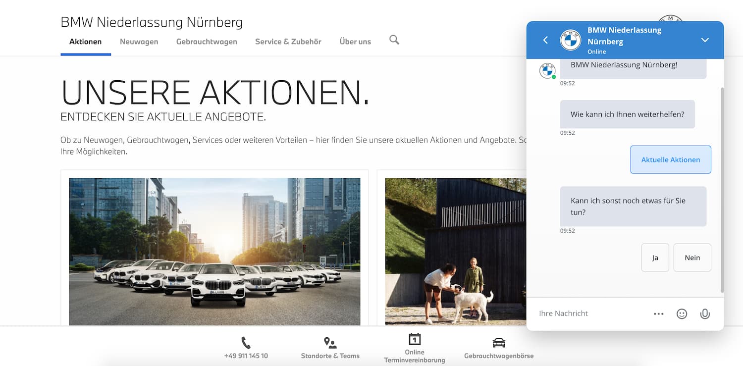 screenshot of Userlike chatbot on BMW Nuremberg website