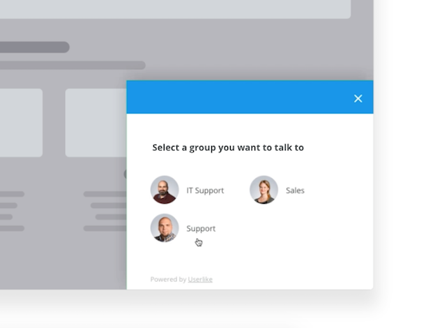 Bevor der Chat gestartet wird kann Ihr Kunde auswählen, mit welcher Gruppe er chatten möchte