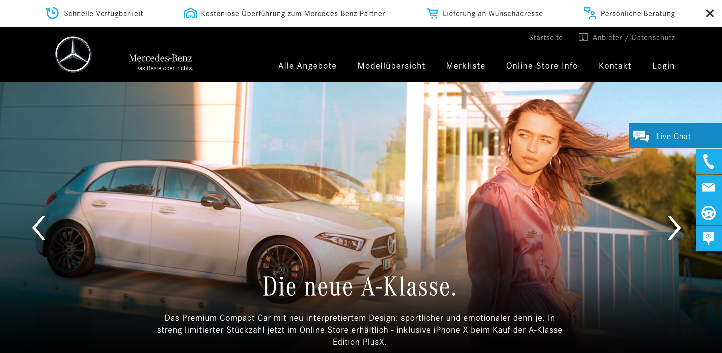 Mercedes-Benzs Internetauftritt beinhaltet neben den klassischen Kontaktmöglichkeiten auch einen Live-Chat.