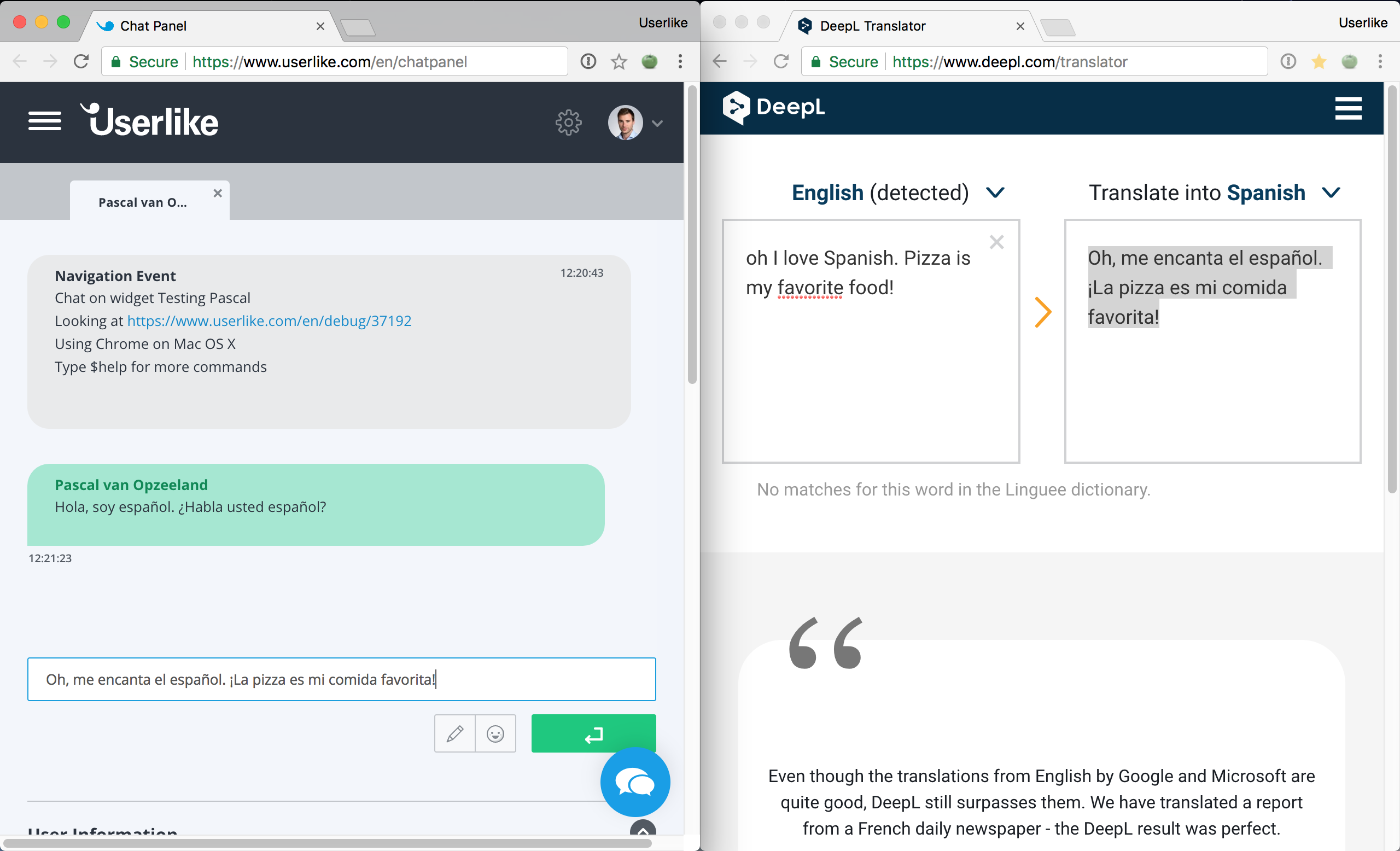 Chat-Panel und Deepl in zwei Browsern.