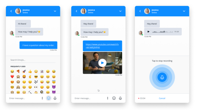 Three screens of the Website Messenger next to each other, showing modern messaging features.