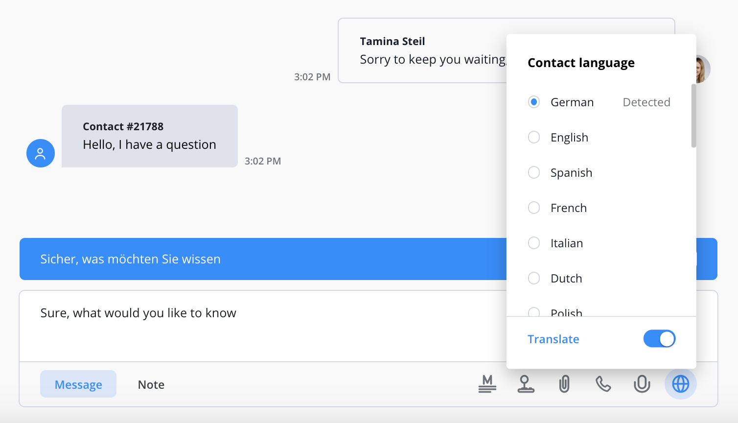 screenshot of the live translation feature in the Userlike Message Center