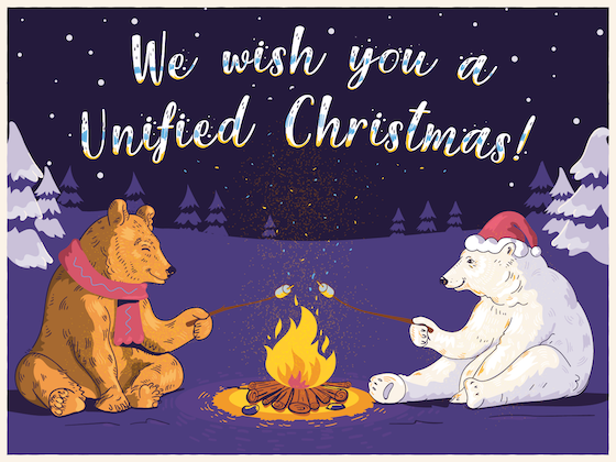 An image of a card wishing happy holidays, showing a grizzly and a polar bear roasting marshmallows over an open fire in the woods