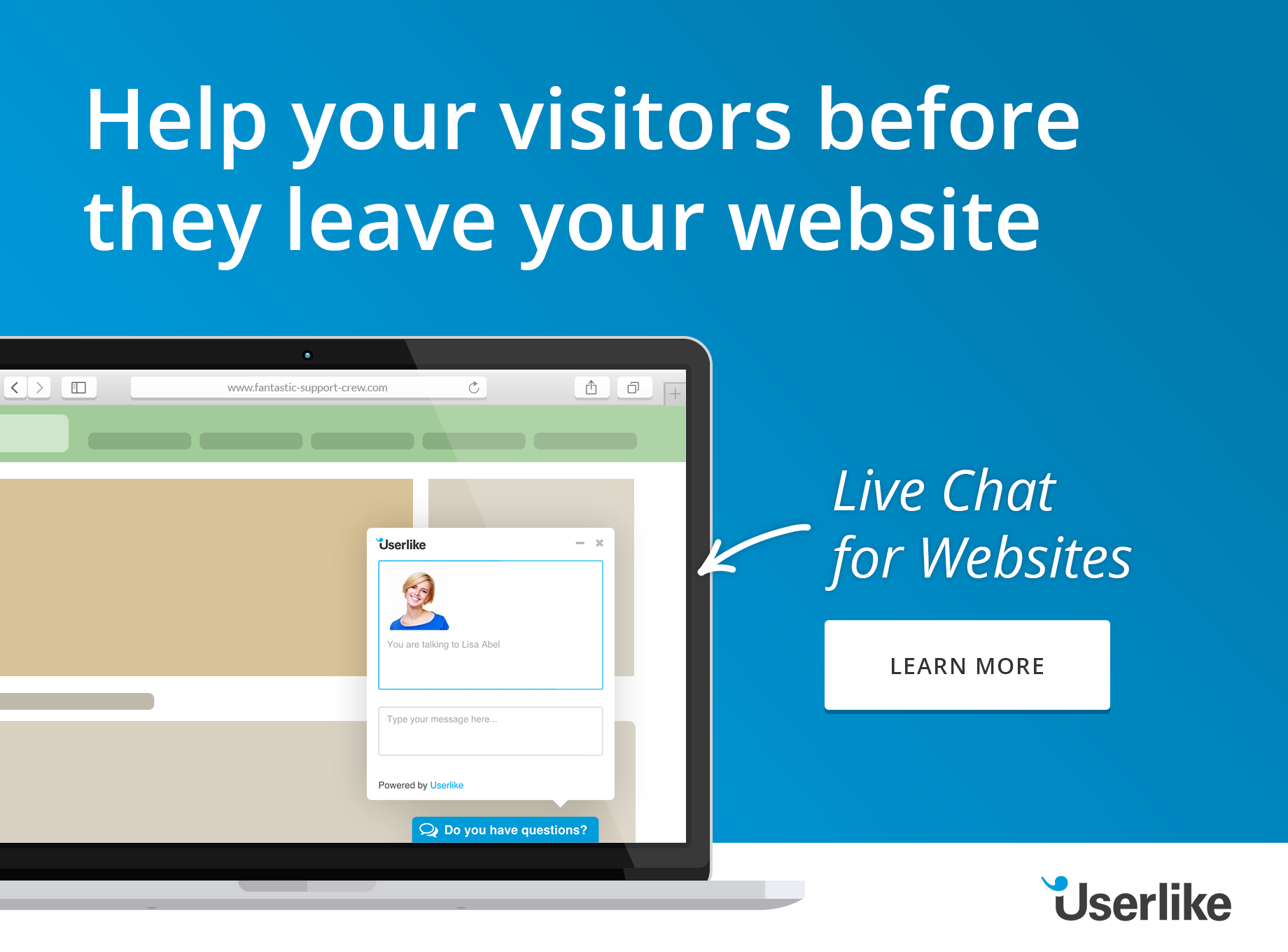 Cartoon of computer screen with Userlike live chat- header to blog post The Best Live Chat Alternative to Kayako