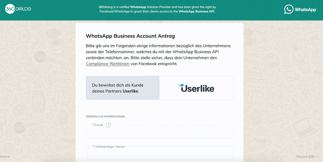 Il modulo di registrazione per 360dialog e Userlike