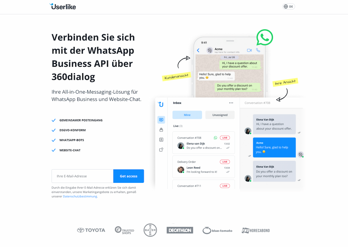 Die Userlike-Webseite zur Anmeldung für WhatsApp Business