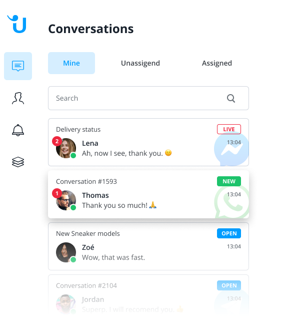 Grafik zeigt verschiedene Unterhaltungen von WhatsApp und Facebook Messenger im Userlike Message Center.